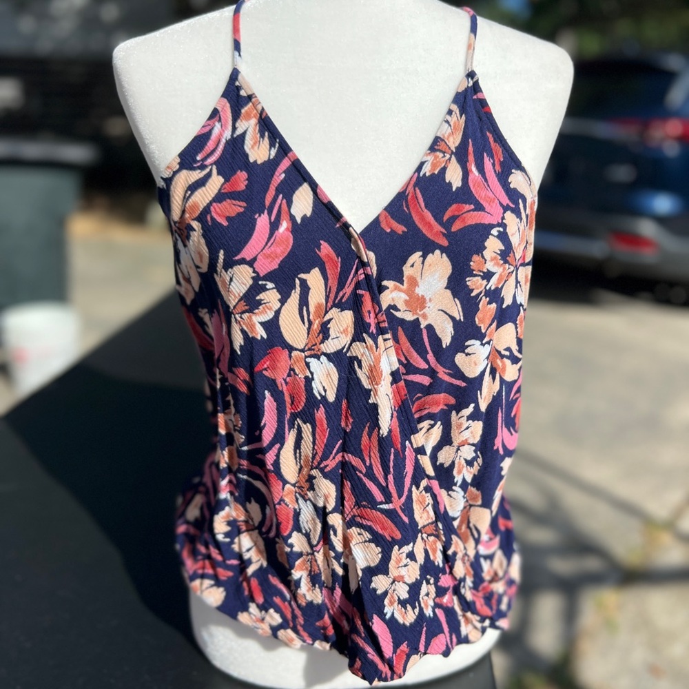 Flowy faux wrap tank top floral navy pink